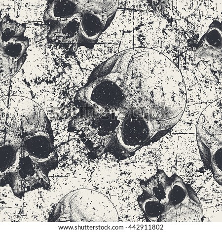 Seamless pattern with skulls in grunge style, vector