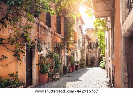 A picturesque street in the historic Trastevere district, Rome, Italy