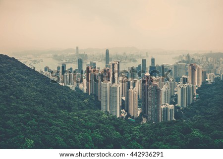 Haze Hong Kong downtown view from Victoria peak. Filtered shot