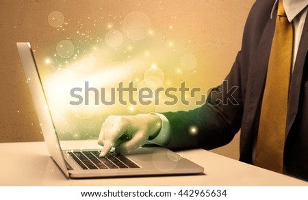An elegant businessman sitting at desk and pushing the buttons of his laptop keyboard while working very fast illustration concept