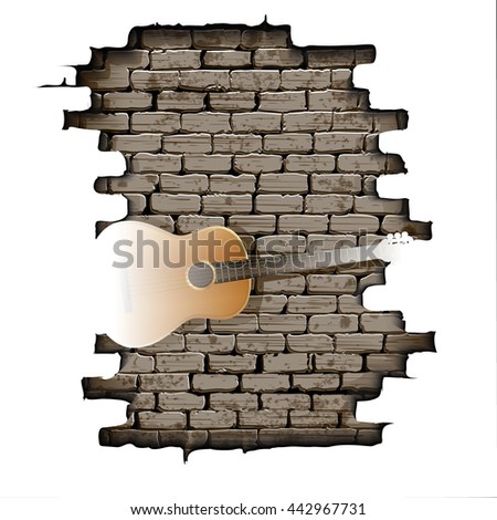 Vector illustration of a guitar in the opening of a brick wall with a white background. Can be used with any image or text.