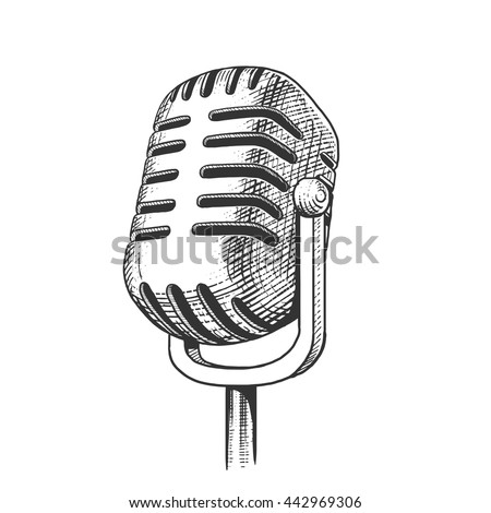 Vintage microphone hand drawn engraving style vector illustration. Scratch board imitation.