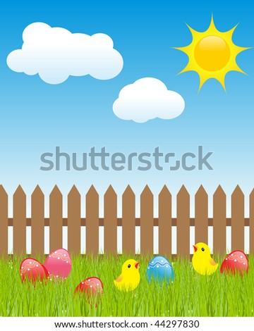 Easter landscape: colored aggs in green grass, cartoon chikens, white clouds and shiny sun. Vector illustration