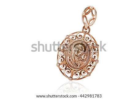 Very special accessory. Golden religious pendant with mother Mary and little Jesus Christ isolated on white