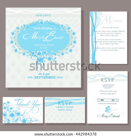 Set of wedding cards or announcement with wedding bouquet. RSVP, menu card