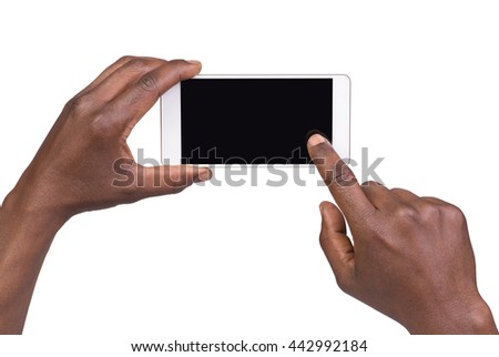 Man taking a picture using a smart phone. Isolated on white