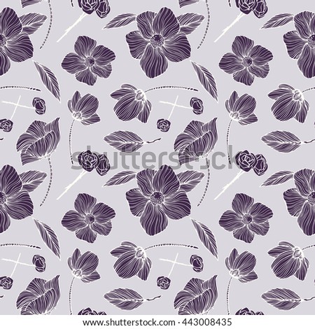 Seamless pattern with Black and white ornamental flowers. Monochrome background: Floral Texture, Decorative roses, peony, abstract elements. Hand drawn vector illustration.