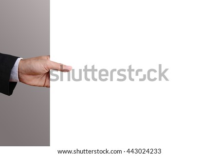 Hand of businessman holding blank cardboard, white paper, poster, frame, advertisement card, or banner. Blank space for your text, design, or copy space.  