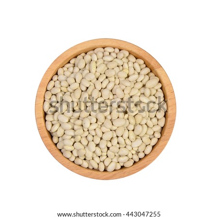  Top view small white beans, haricot, white pea, white kidney or Cannellini Purgatorio beans in wooden bowl on white background