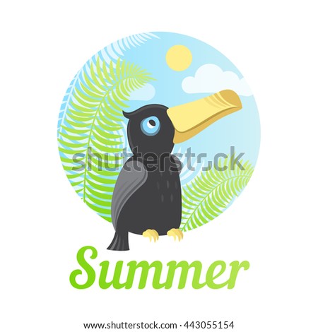 Summer. Vector illustration of a Toucan sitting on a palm tree