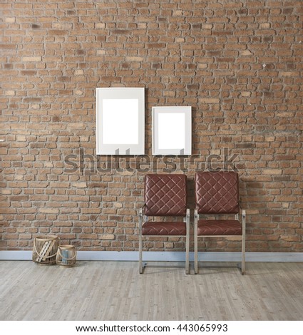 modern leather two chair natural brick wall and white two frame with basket