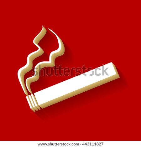 Smoking sign illustration. White button icon with wood color and shadow on dark red background.