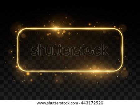 Vector golden frame with lights effects. Shining rectangle banner. Isolated on black transparent background. Vector illustration, eps 10. Royalty-Free Stock Photo #443172520