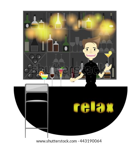A young bartender preparing a mixed drinks at a bar, several bottles of alcohol and wine glass behind him. A Contemporary style. Vector flat design illustration isolated white background. Square