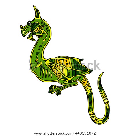 Colorful illustration background with hand-drawn green dragon in ethnic style. Mosaic ornament. Vector design.