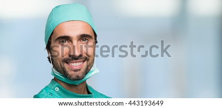 Close up of a confident surgeon. Large bright copy-space background