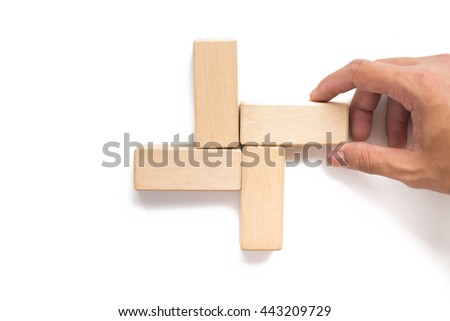 Wood block as plus sign on white background .can use for business presentation template or bullet or infographics.