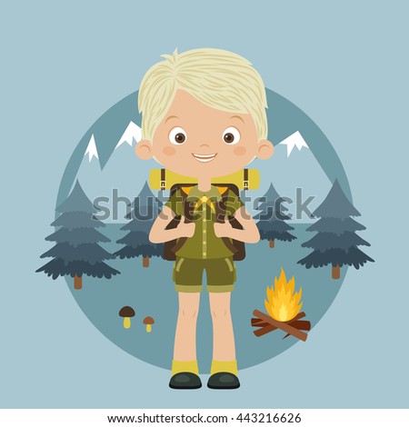 Happy boy scout with backpack in forest. Mountains, trees and camp fire on the background.  Scouting concept. Vector cartoon illustration.