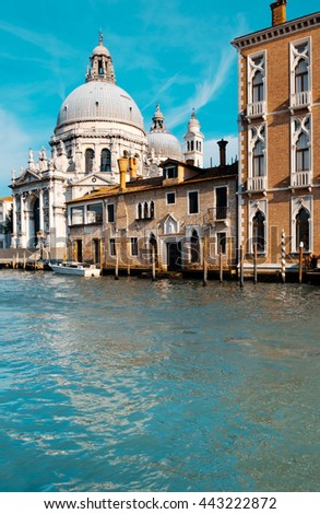 Grand Canal and Basilica Santa Maria della Salute in Venice on a bright day. This image is toned.