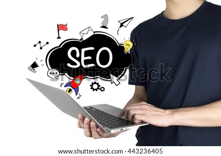 "SEO' with man using laptop computer isolated on white background. Business concept. Internet concept.