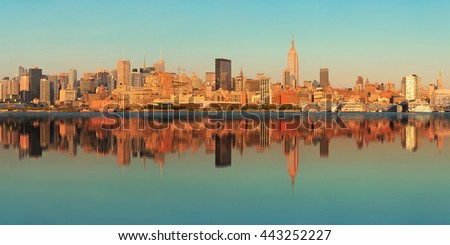 New York City skyscrapers urban view with reflections.