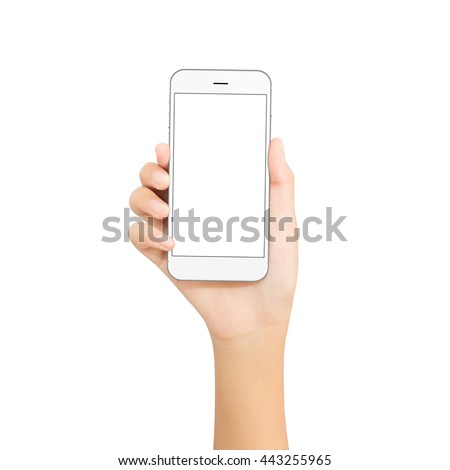 woman hand hold white phone isolated on white cutout with clipping path