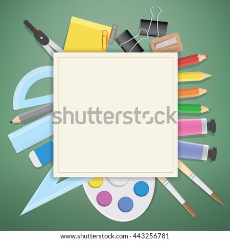 Illustration vector poster supplies stationery an extensive range of study or office is on the green blackboard.