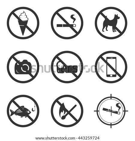 Set of prohibitory signs. Flat vector illustration in black on white background. EPS 10