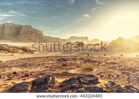 Desert Landscape of Wadi Rum in Jordan, with a sunset, stones, bushes and the sky. Royalty-Free Stock Photo #443324485