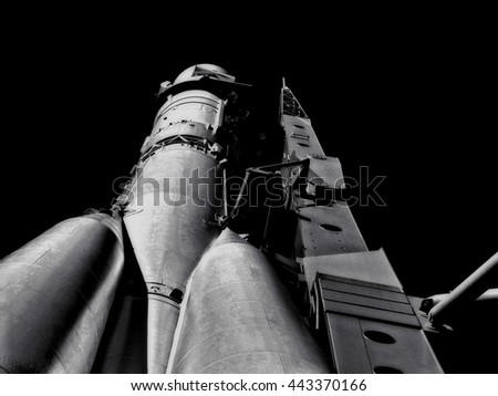 The rocket before launch. Image processing in the style of a retro image Royalty-Free Stock Photo #443370166
