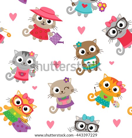 Cute seamless pattern with little cat girls. Different hobbies and leisure activities