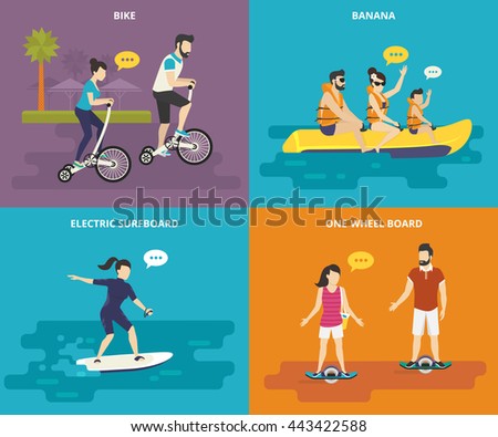 Family with kids flat vector icons set of riding bicycle, riding banana in the sea with children, surfing the wave on electrical surfboard and electric onewheel boarding. Active family time spending