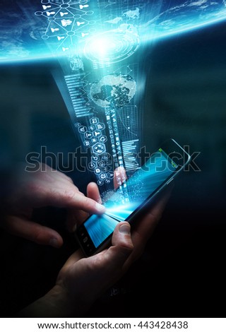 Businesswoman using digital tactile phone to send information to the world '3D rendering' 'elements of this image furnished by NASA'