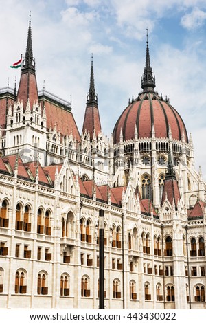 Hungarian parliament building, also known as the Parliament of Budapest, Hungary. House of the nation. Cultural heritage. Travel destination. Architectural theme. Detail scene. Lajos Kossuth square. Royalty-Free Stock Photo #443430022