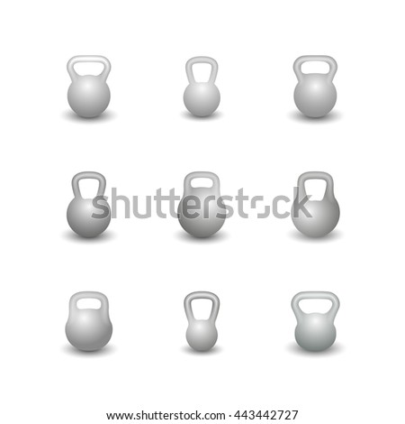 Set of nine realistic kettle bells of different shapes isolated on white background, design elements sports equipment for the gym, vector illustration.