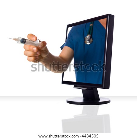 A hand of a nurse sticking out of a monitor