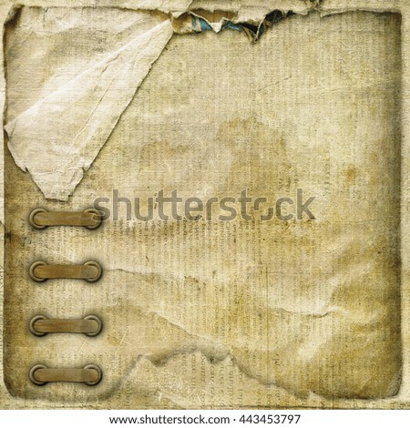 Old crumpled page vintage album with ribbon and metal rivets