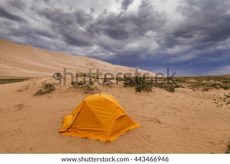 Orange tent in the Gobi Desert. Mongolia.
