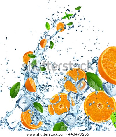 Fresh oranges in water splash over white, close-up.