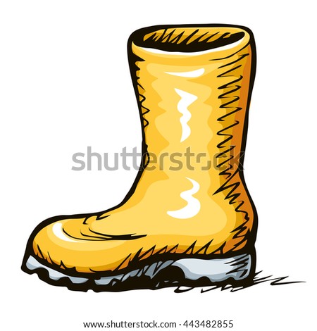 Trendy cozy styled rainy wellie isolated on white background. Freehand vibrant color hand drawn picture sketchy in scribble retro style. Side closeup view with space for text