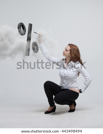 Woman showing symbol of percent. Bank Deposit or Sale concept.