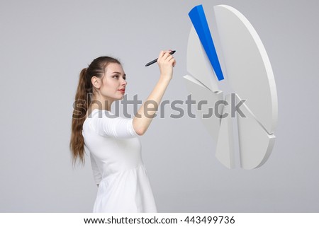 Woman shows a pie chart, circle diagram. Business analytics concept.
