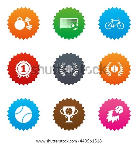 Sport games, fitness icons. Football, basketball and tennis signs. Golf, bike and winner medal symbols. Stars label button with flat icons. Vector