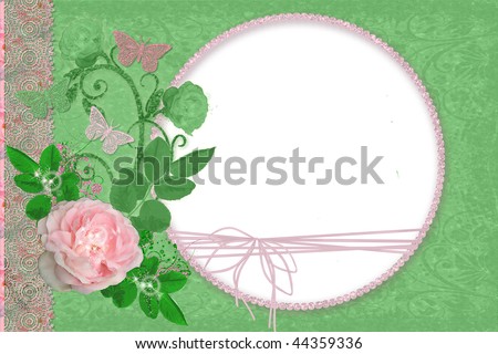 Green frame with a rose and butterflies