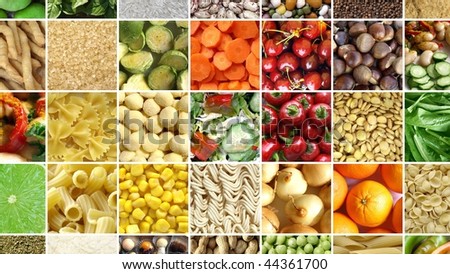 Food collage including 49 pictures of vegetables, fruit, pasta and more - (16:9 ratio)