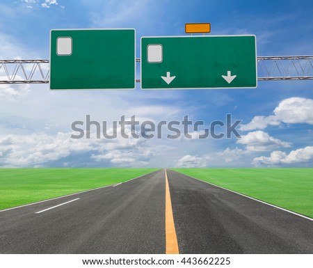 Blank road sign on highway ,asphalted road with green grass blue sky background