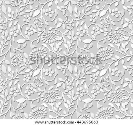 Vector damask seamless 3D paper art pattern background 376 spiral leaf sun flower
