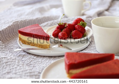 Time to sweet rest / Strawberry cheesecake with cup of coffee 