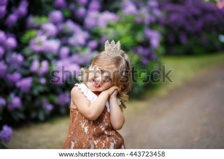 Sweet little girl with crown, outdoor photo. Soft focus.
