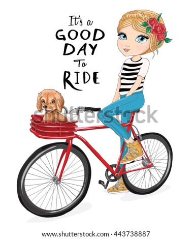 Cute girl character with bike vector.